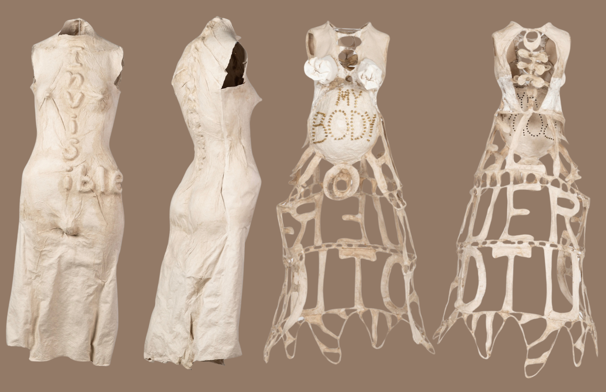 Four torsos from Marta Pérez García's exhibit. One says "invisible," and the other says "My Body."