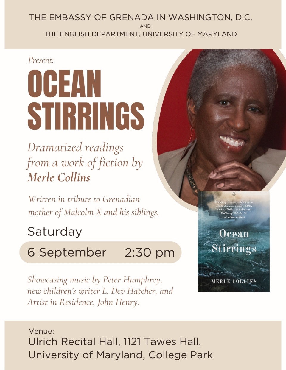 Flier for event on 2025.09.06, a performance of OCEAN STIRRINGS, the novel by Merle Collins. Event details are described in the event listing to which the flier is attached